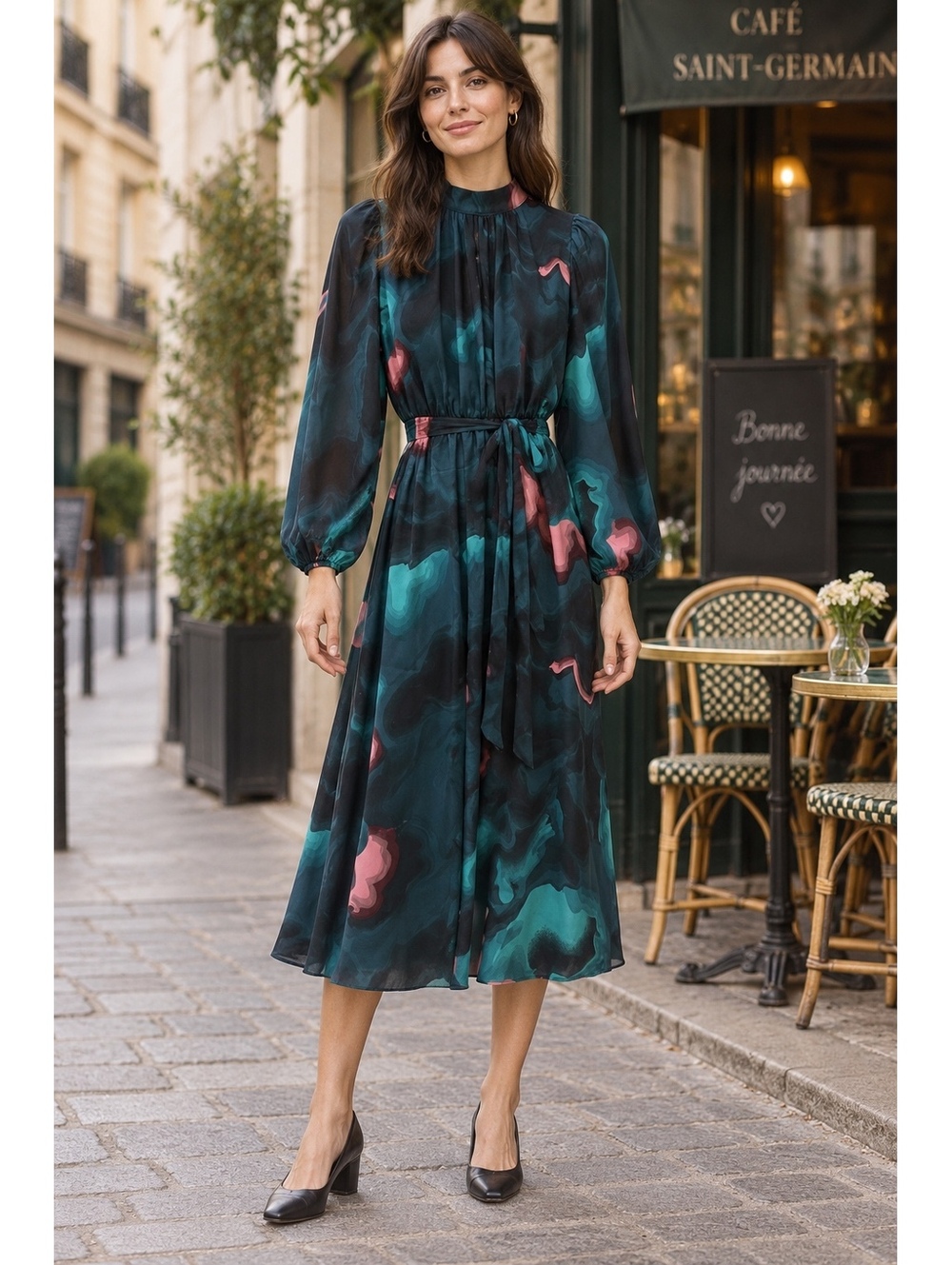 Nine West Women's Long Sleeve Midi Dress with Belt